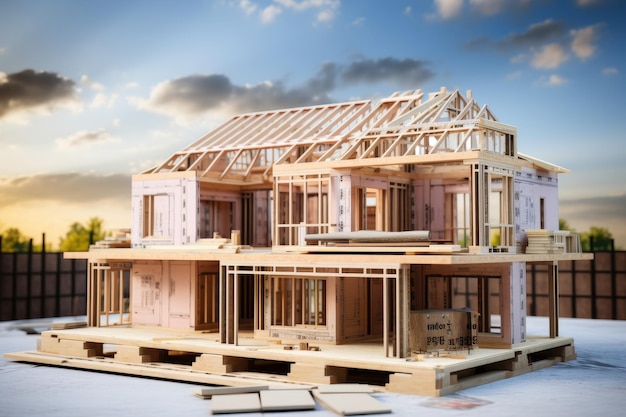 Maison en construction sur des plans architecturaux pour une maison familiale moderne