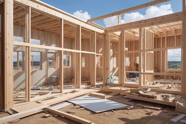 Une maison en construction avec des plans et une sélection de fenêtres et de portes