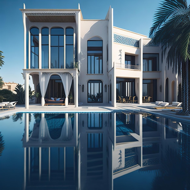 Photo une maison contemporaine avec piscine à la lumière du jour et ciel bleu