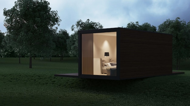 Maison d'un conteneur de transport de construction gainé de planches sur fond de nature. Eclairage de nuit. Rendu 3D.