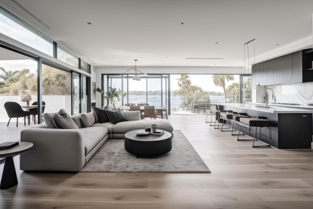 Maison côtière moderne avec un intérieur élégant et minimaliste aux lignes épurées, gris et blancs