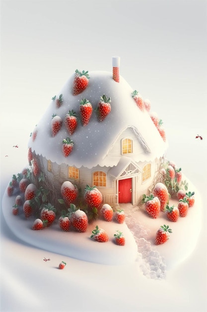 Maison couverte de neige avec des fraises sur le toit ai générative