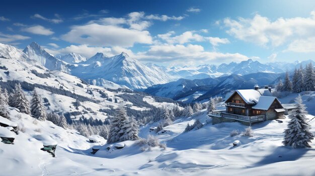 Une maison couverte de neige et de nuages blancs sur fond de montagnes