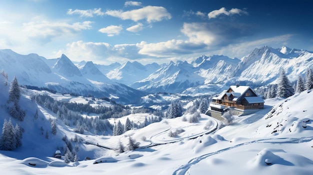 Une maison couverte de neige et de nuages blancs sur fond de montagnes