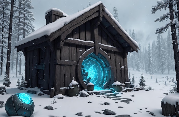 Une maison couverte de neige avec une porte bleue qui dit "la porte de la maison"