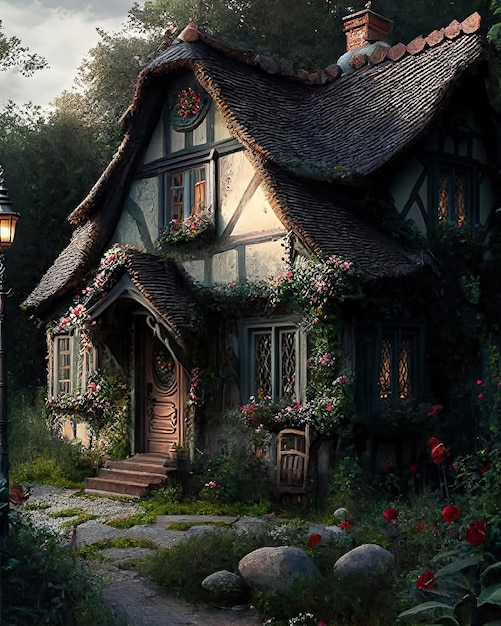 Une maison dans les bois avec un chemin en pierre et des fleurs.
