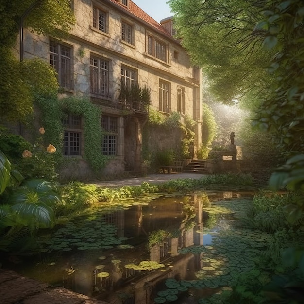 Une maison dans les bois avec un étang et un arbre aux feuilles vertes et une statue de femme assise au bord de celui-ci.