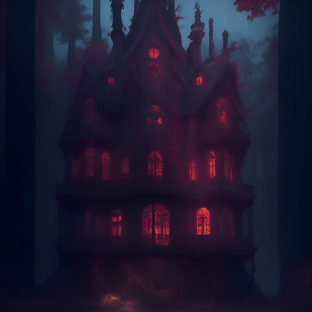 Une maison dans les bois avec des feux rouges