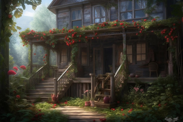 Une maison dans les bois avec des fleurs rouges sur le porche.