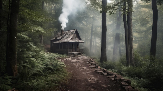 Une maison dans les bois avec de la fumée qui en sort