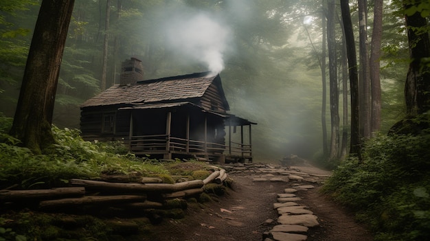 Une maison dans les bois avec de la fumée sortant de la cheminée