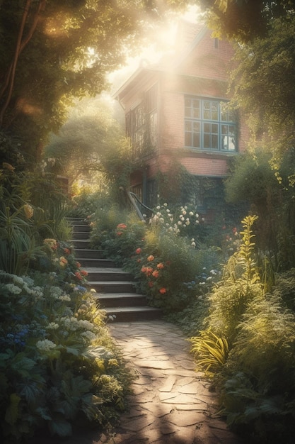 Une maison dans les bois avec un jardin et un escalier