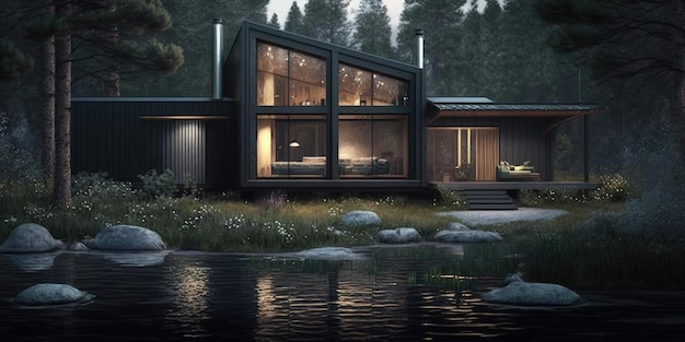 Une maison dans les bois avec un lac en arrière-plan