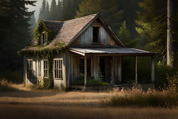 Une maison dans les bois avec le mot fantôme sur le devant