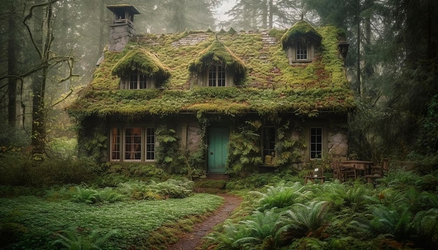 Une maison dans les bois avec de la mousse sur le toit