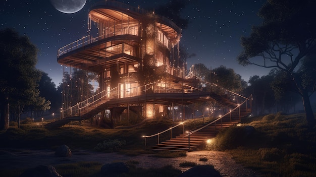 Une maison dans les bois la nuit