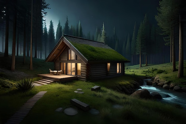 Une maison dans les bois la nuit