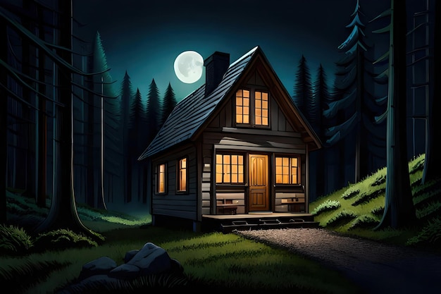 Une maison dans les bois la nuit