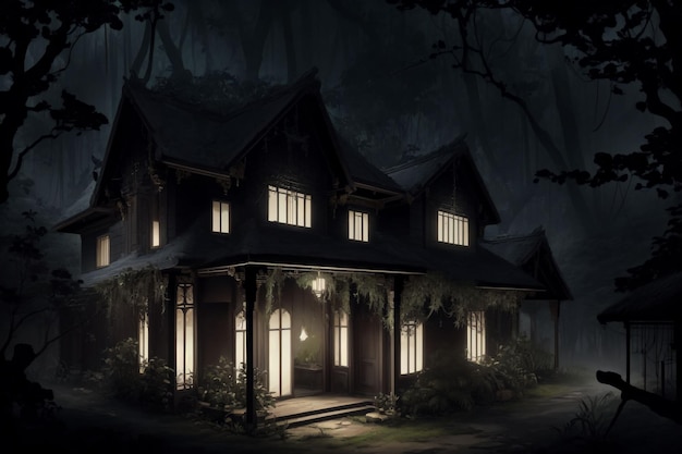 Une maison dans les bois la nuit