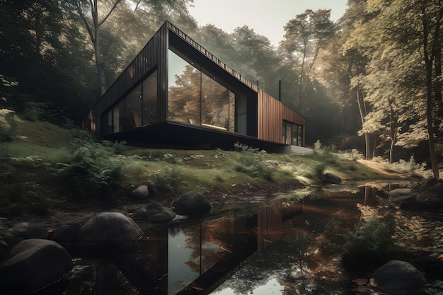 Une maison dans les bois avec une rivière au premier plan