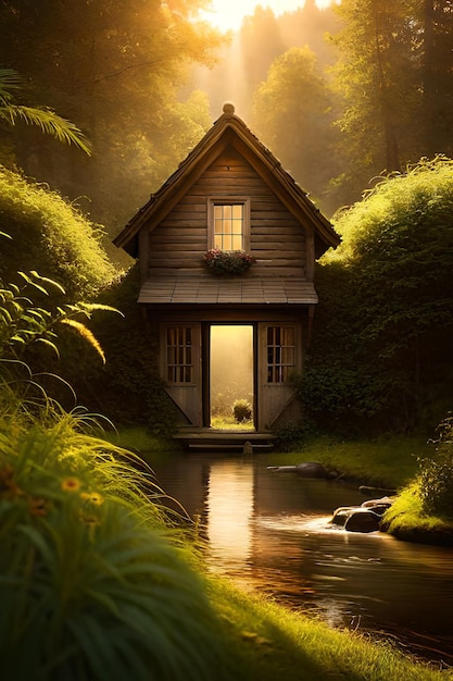 Une maison dans les bois avec le soleil qui brille sur la porte