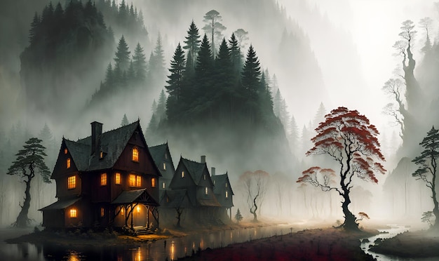 Maison dans les bois sombres et profonds fantasy sci fi paysage forestier mystérieux poste d'IA générative de haute qualité produit