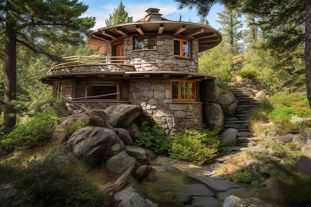 Une maison dans les bois avec un toit en pierre et un escalier en pierre.