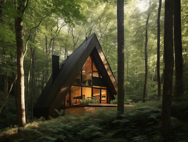 Une maison dans les bois avec des tournesols en arrière-plan