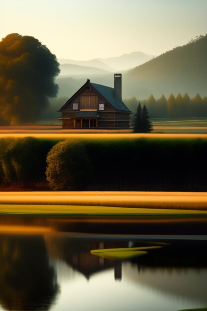 Une maison dans un champ avec des arbres et des montagnes en arrière-plan