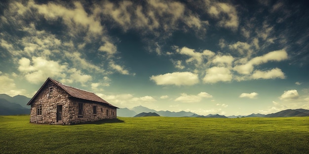 Une maison dans un champ avec un ciel nuageux