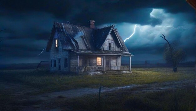 Une maison dans un champ avec un ciel orageux et des éclairs générés par Ai