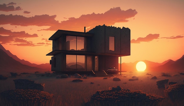 Une maison dans un champ avec un coucher de soleil en arrière-plan