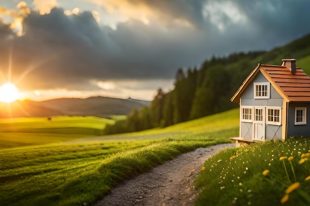 Une maison dans un champ avec un coucher de soleil en arrière-plan