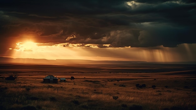 Une maison dans un champ avec un coucher de soleil en arrière-plan