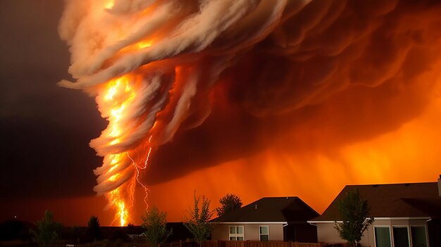 Photo une maison dans un champ de feu avec un nuage d'éclairs