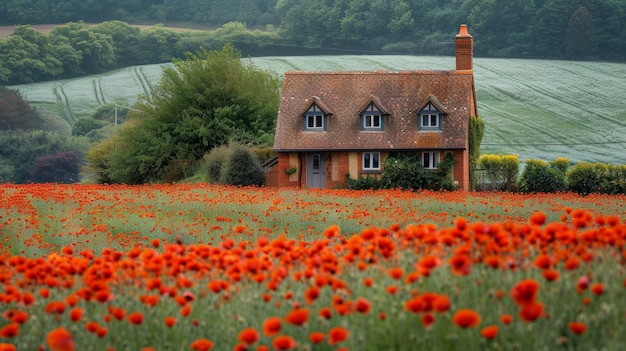 La maison dans le champ des fleurs rouges