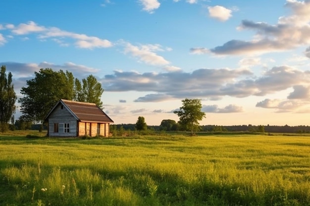 Photo une maison dans un champ avec un fond de ciel