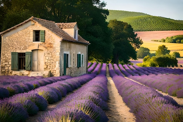 Une maison dans un champ de lavande avec une maison en arrière-plan