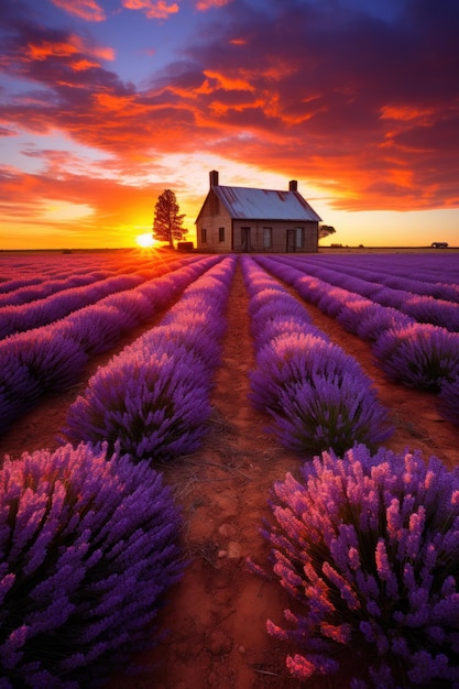 Une maison dans un champ de lavande