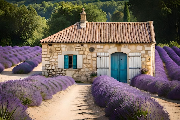 Une maison dans un champ de lavande