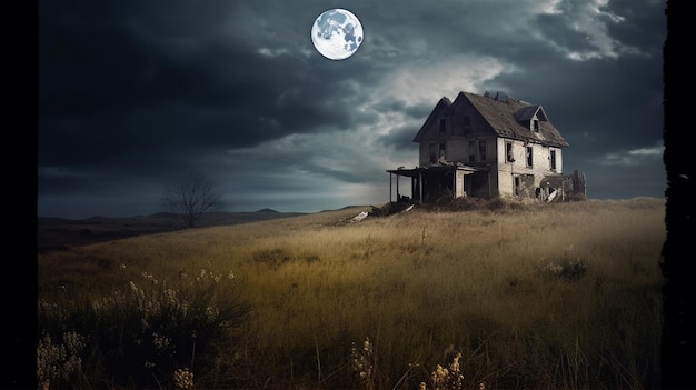 Une maison dans un champ avec la lune en arrière-plan