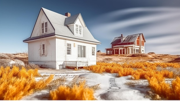 Une maison dans un champ avec le mot « maison » sur le devant.