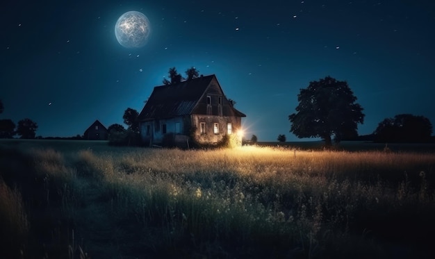 Une maison dans un champ avec une pleine lune en arrière-plan
