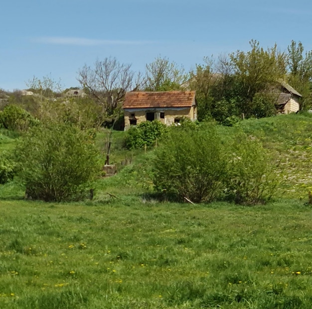 Une maison dans un champ avec un toit rouge et un toit blanc.