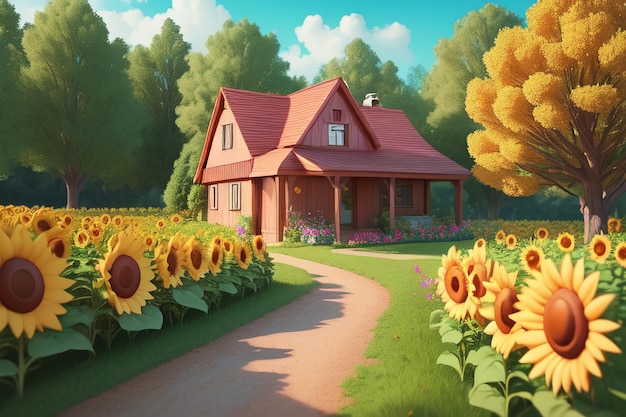 Une maison dans un champ de tournesols