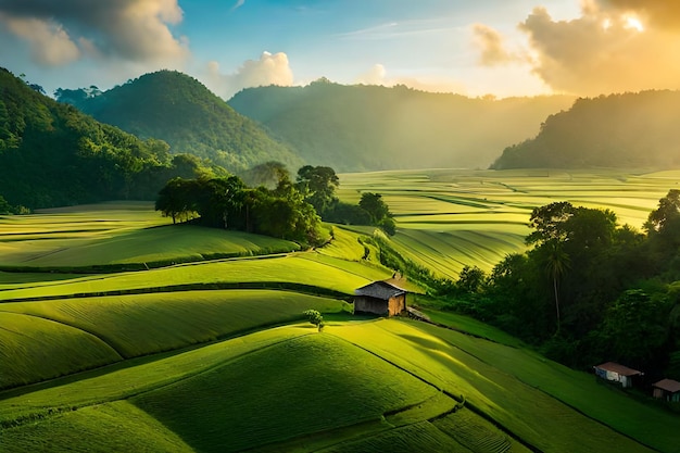 une maison dans un champ vert