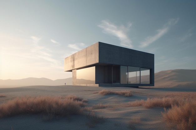 Une maison dans le désert avec le ciel en arrière-plan.