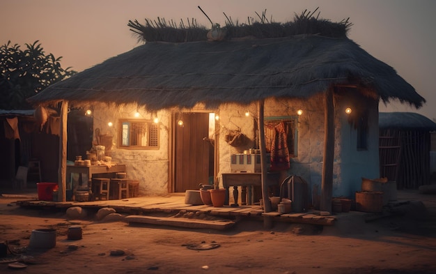 Photo une maison dans le désert avec un toit de chaume et une porte en bois.