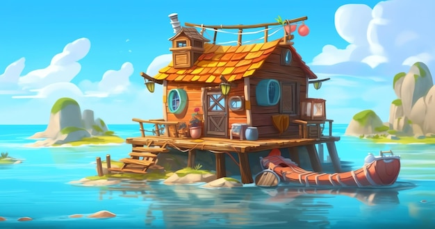 Une maison dans l'eau avec un bateau dans l' eau.