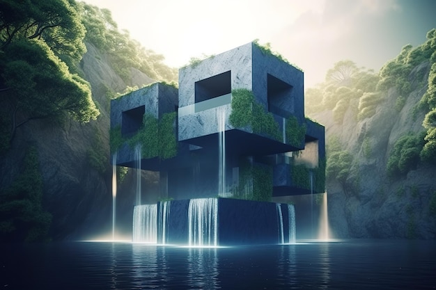 Une maison dans l'eau avec une cascade en arrière-plan